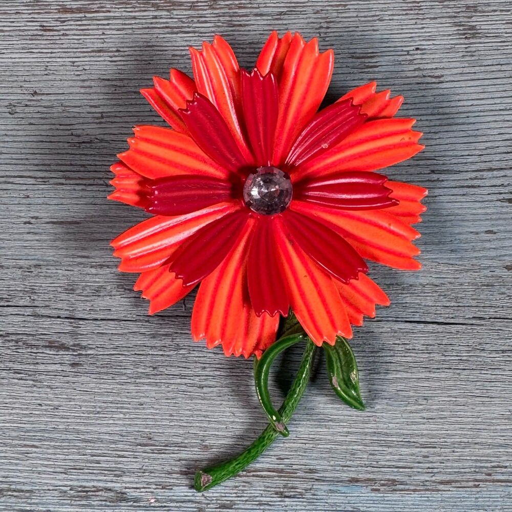 Vtg Signed BSK Enamel Flower Brooch Pin Red Orange Layered Petals Rhinestone MCM
